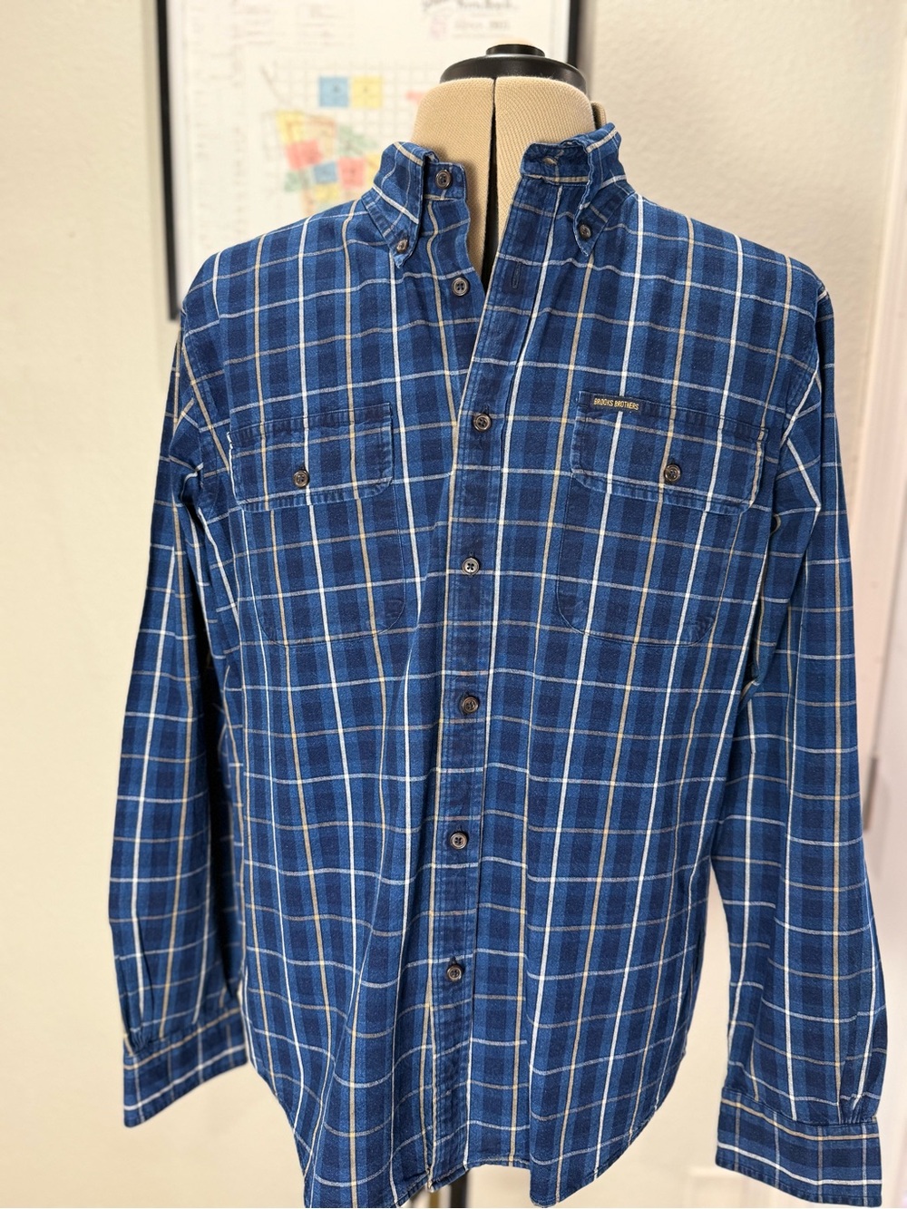 Brooks Brothers Blue Plaid Button Down Hunting Workshirt with Elbow Patches